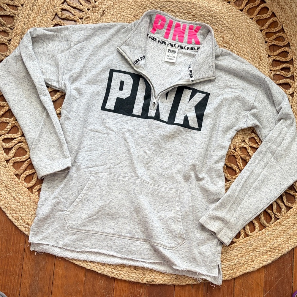 PINK Victoria's Secret Light Gray Zip Pullover with Hot Pink Logo